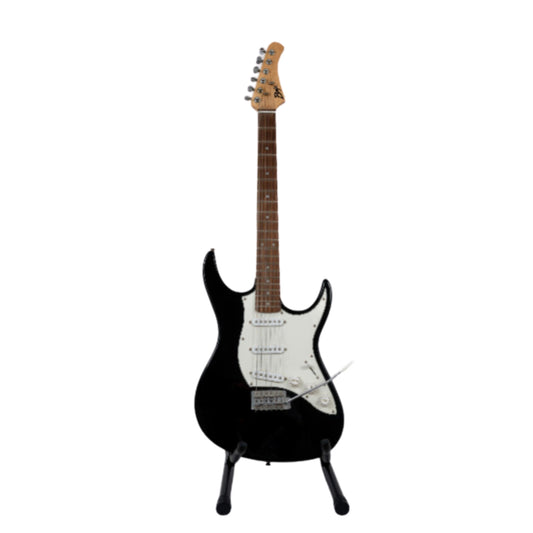 Front view of the Baja Black Strat-Style Electric Guitar, featuring a sleek black finish with a white pickguard and three single-coil pickups.