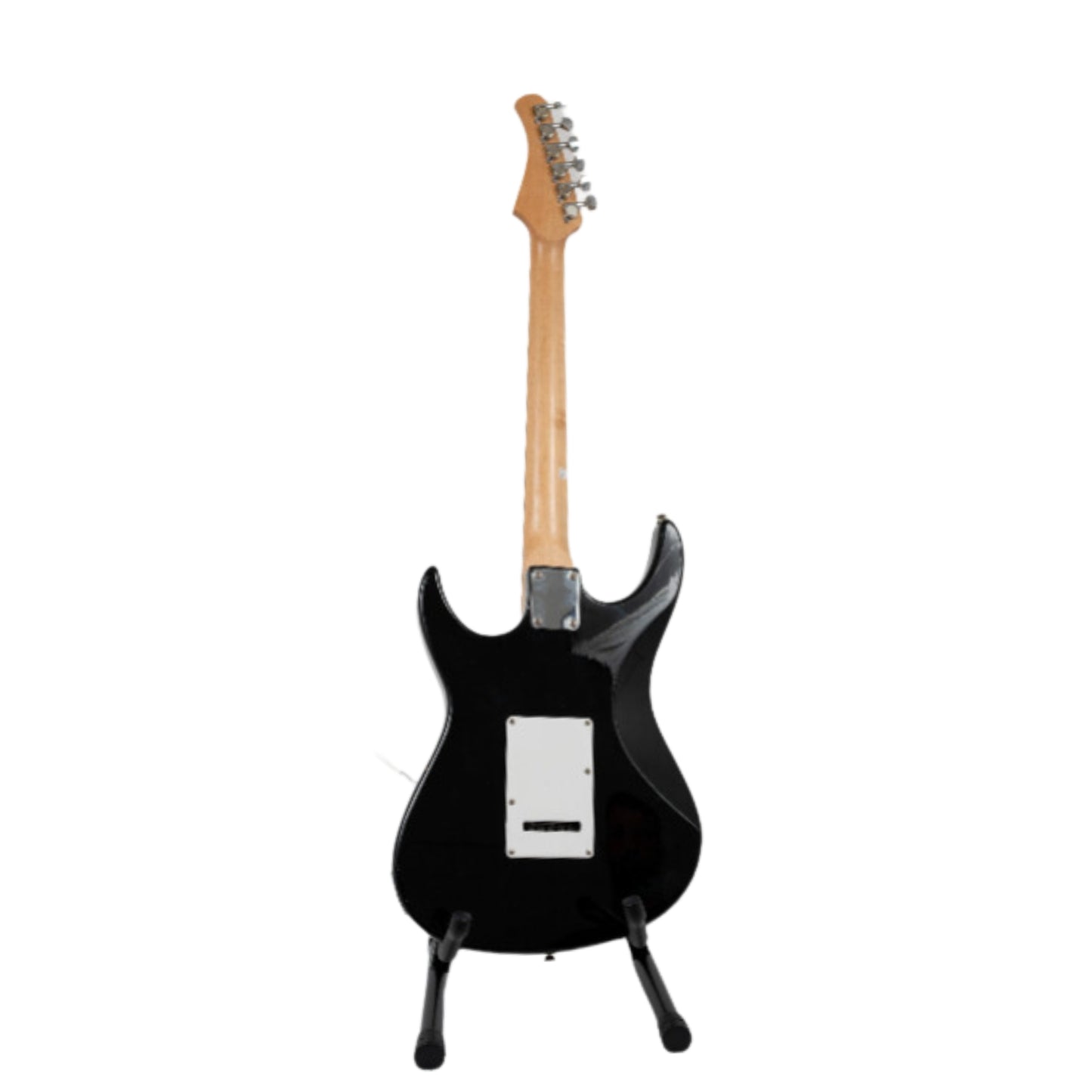 Back view of the Baja Black Strat-Style Electric Guitar, showing the contoured black body and maple neck for comfortable playability.