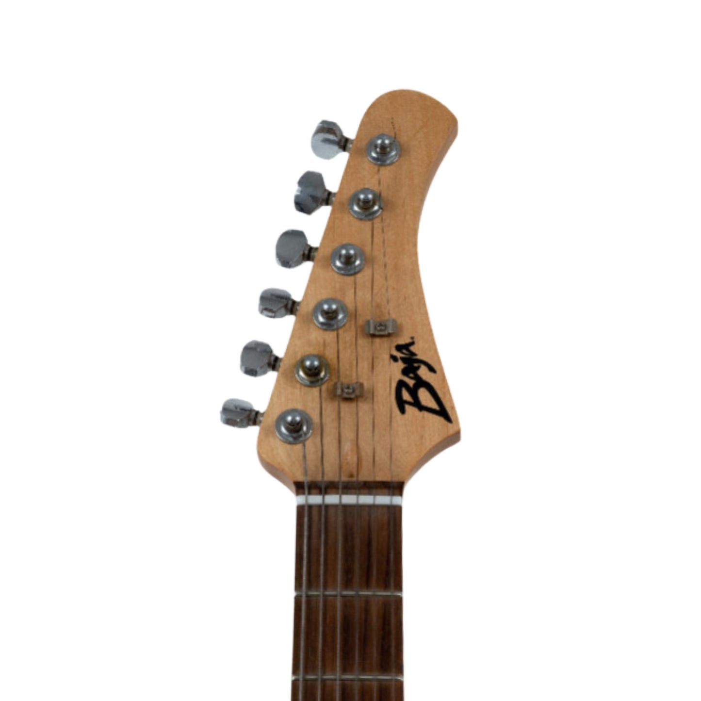 Close-up of the headstock of the Baja Black Strat-Style Electric Guitar, displaying the Baja logo and chrome tuning pegs.