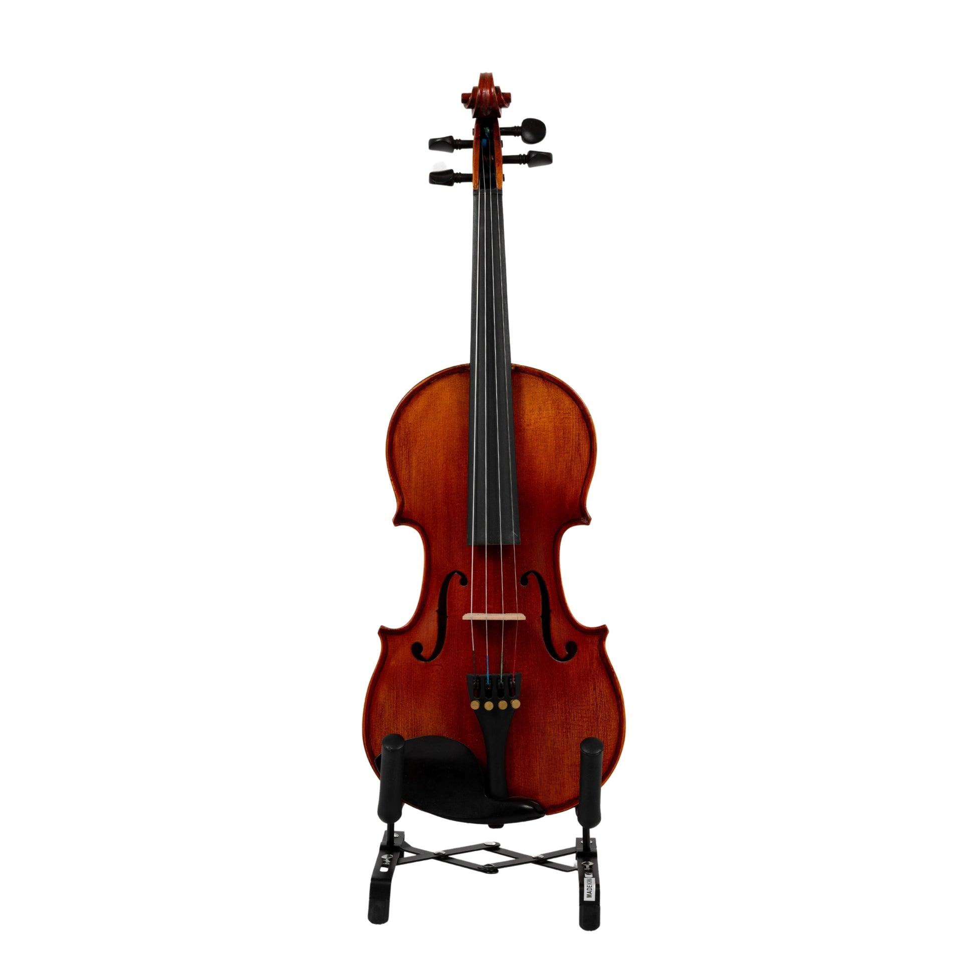 Front view of a beautifully crafted violin on a stand, highlighting the elegant f-holes, fingerboard, and bridge.