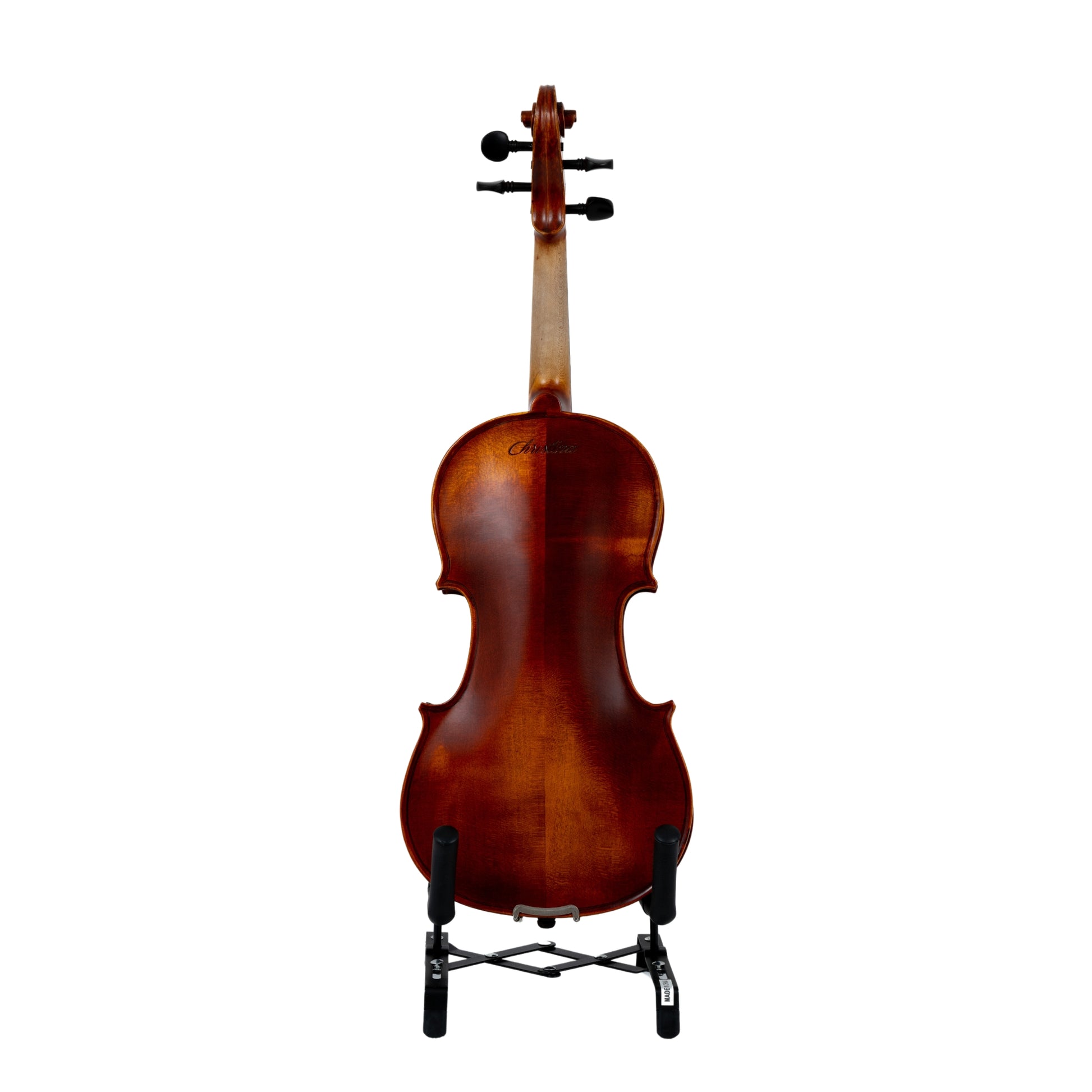 Back view of a high-quality violin on a stand, showcasing the rich, natural wood grain and smooth finish.