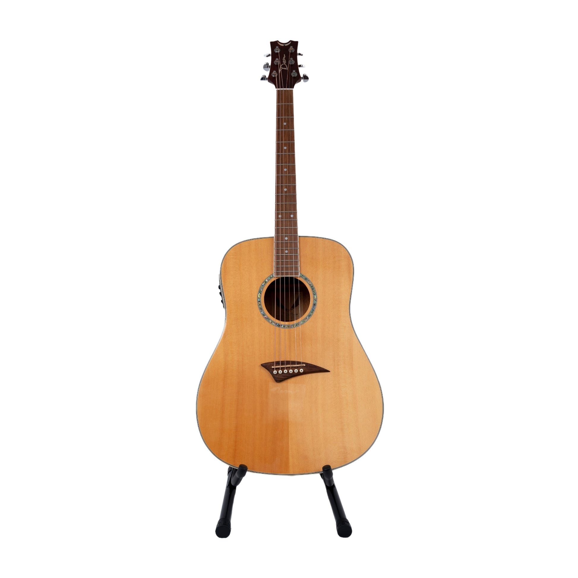 Front view of the Dean Acoustic-Electric Guitar, showcasing the natural spruce top and elegant rosette.