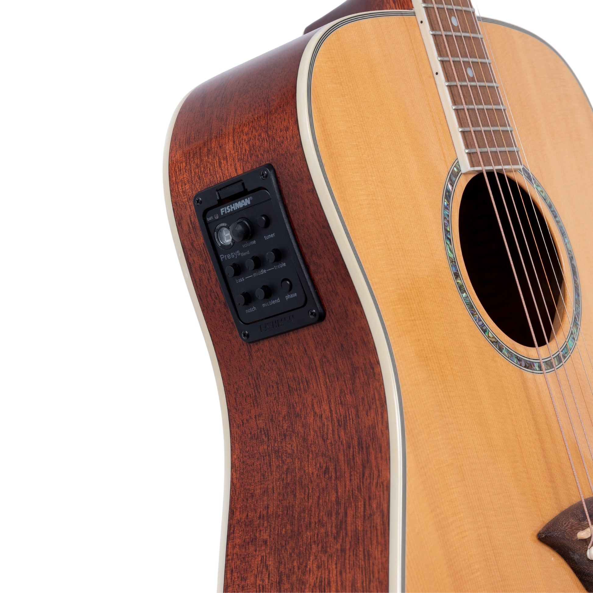 Side view of the Dean Acoustic-Electric Guitar, displaying the Fishman Presys+ pickup system with built-in controls and tuner.