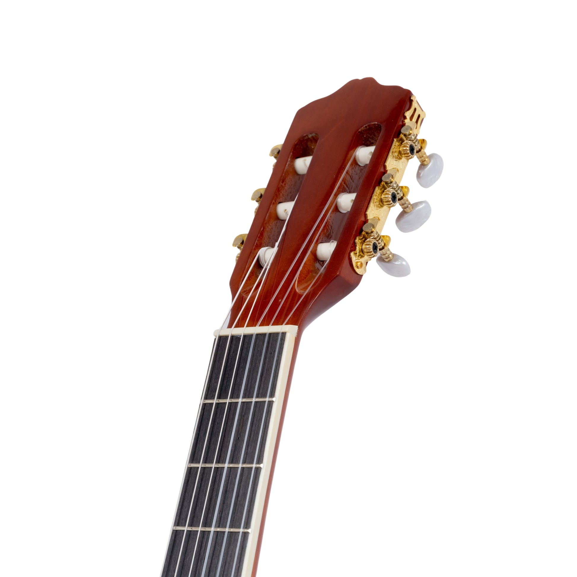 Close-up of the Devisev Handmade Acoustic Guitar L330 headstock with classical nylon strings and gold tuners.