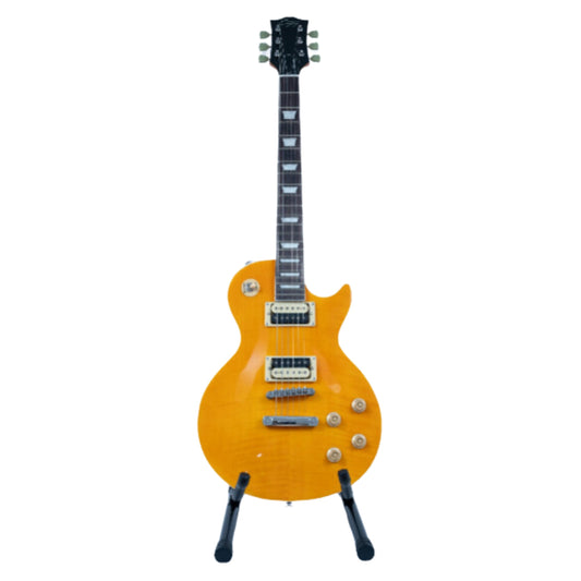 Front view of the Enjoy Amber Burst Electric Guitar, showcasing its glossy amber finish, dual humbucker pickups, and classic single-cutaway body