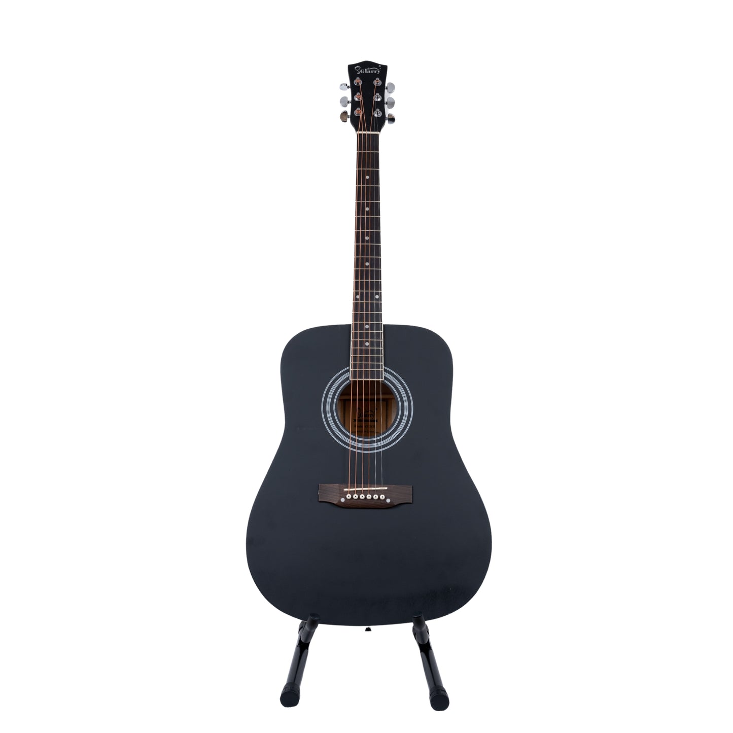 Front view of the GLARRY Acoustic Guitar Model-63 with a matte black finish and chrome tuning pegs.