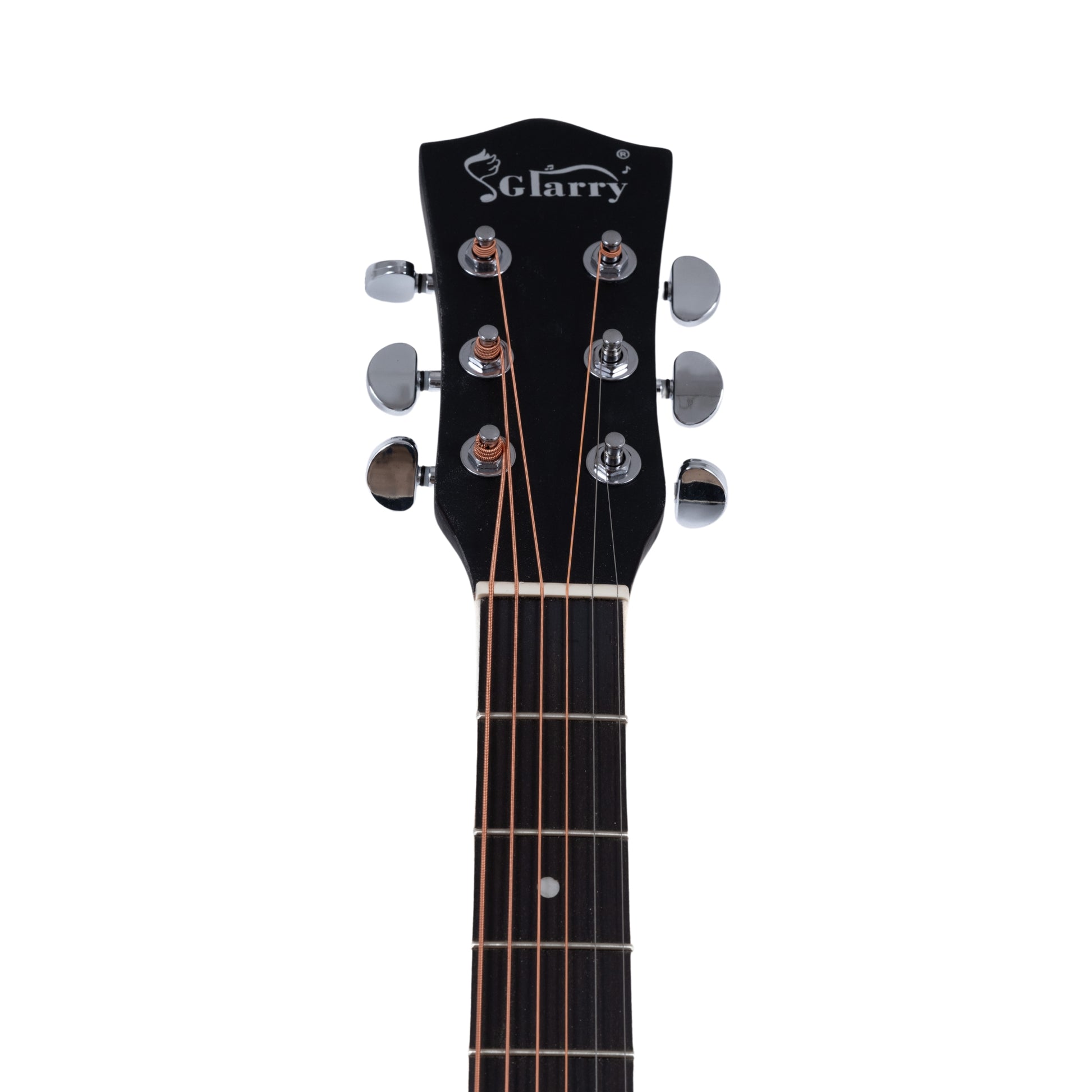 Close-up of the GLARRY Acoustic Guitar Model-63 headstock, featuring chrome tuners for precise tuning.