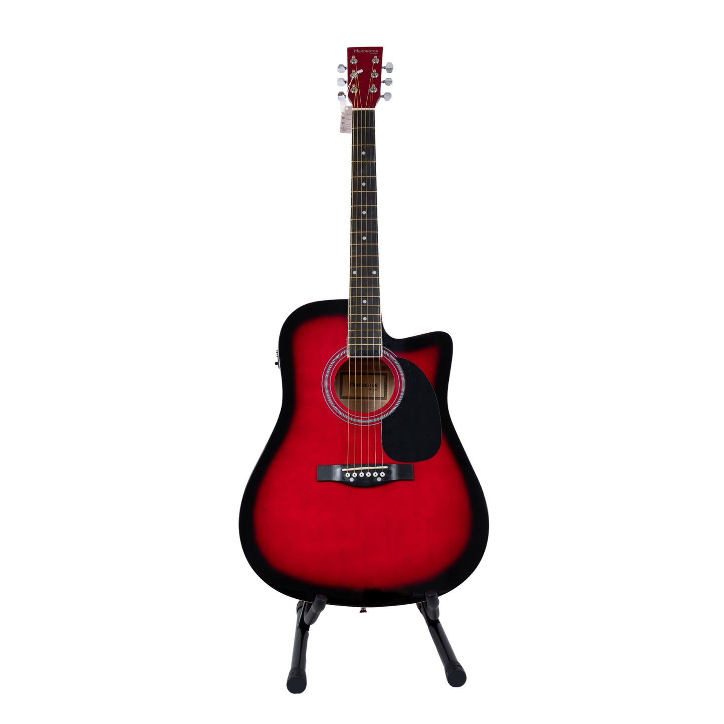 Front view of the Huntington Fire Red Acoustic-Electric Guitar, showcasing its fire red burst finish, black trim, and cutaway body design.