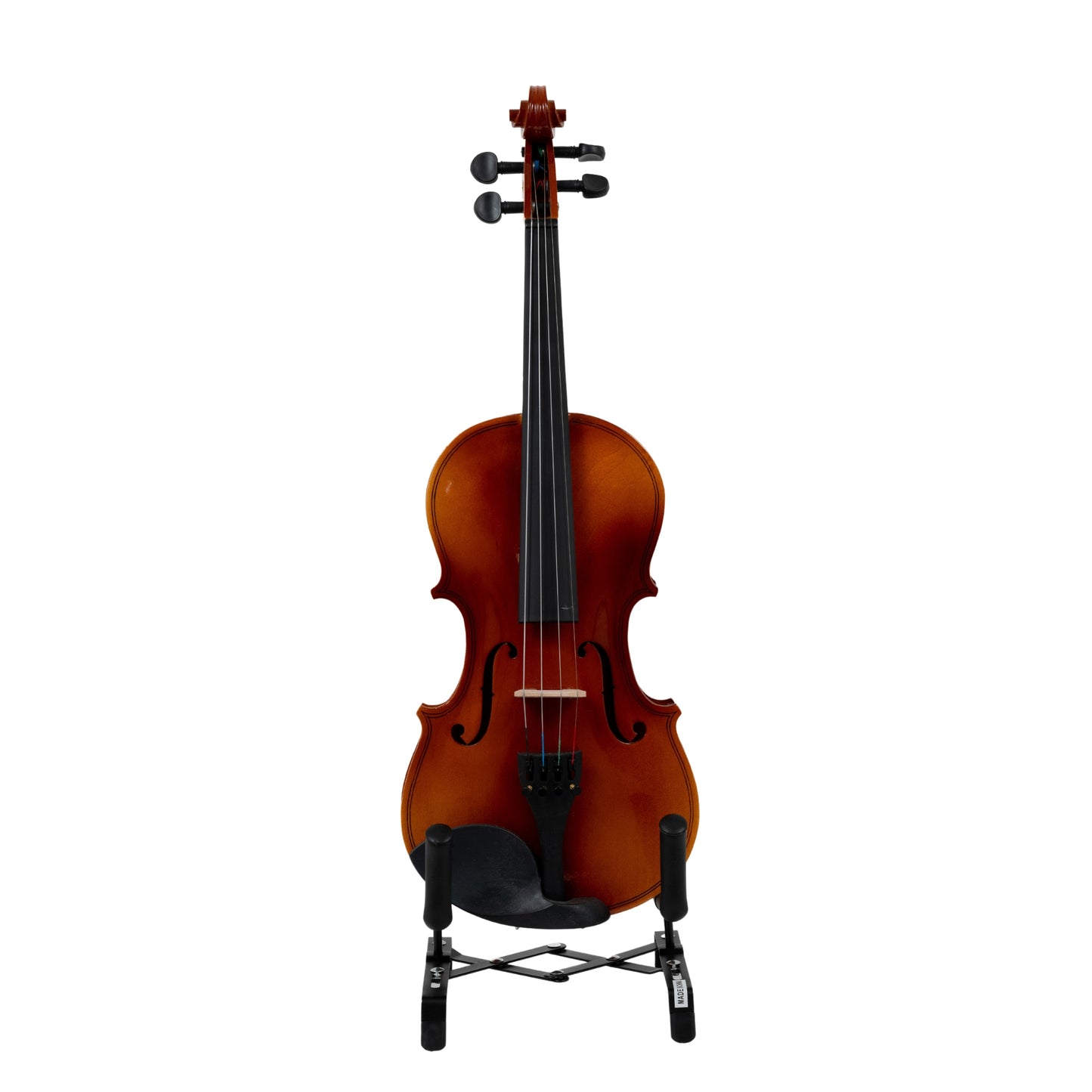 Front view of the LAMI 4/4 Artisan Brown Violin LVX200 on a stand, highlighting its elegant f-holes, smooth fingerboard, and aluminum alloy tailpiece.