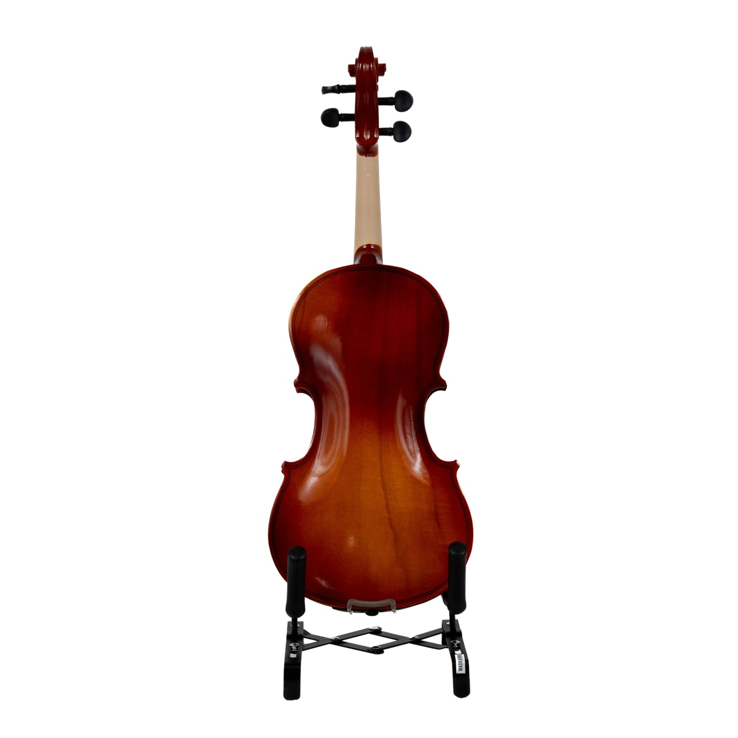 Back view of the LAMI 4/4 Artisan Brown Violin Model-2 on a stand, showcasing the warm, glossy brown finish and expertly crafted body.