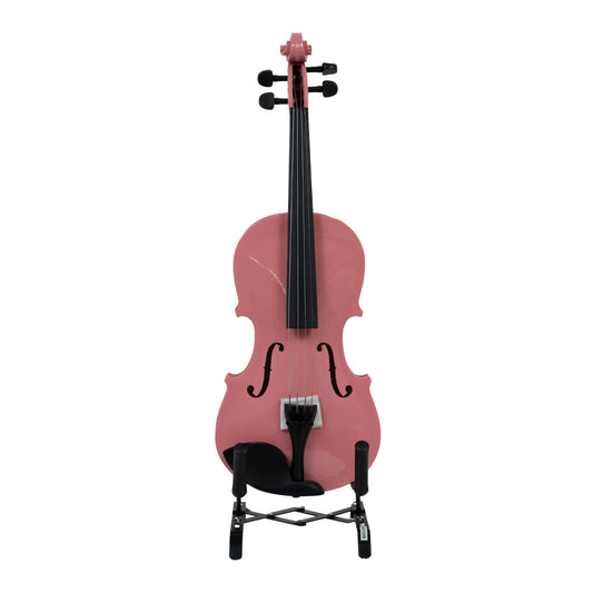 Front view of the LAMI 4/4 Blush Pink Violin Model-6 on a stand, showcasing its smooth pink finish, elegant f-holes, and durable tailpiece.