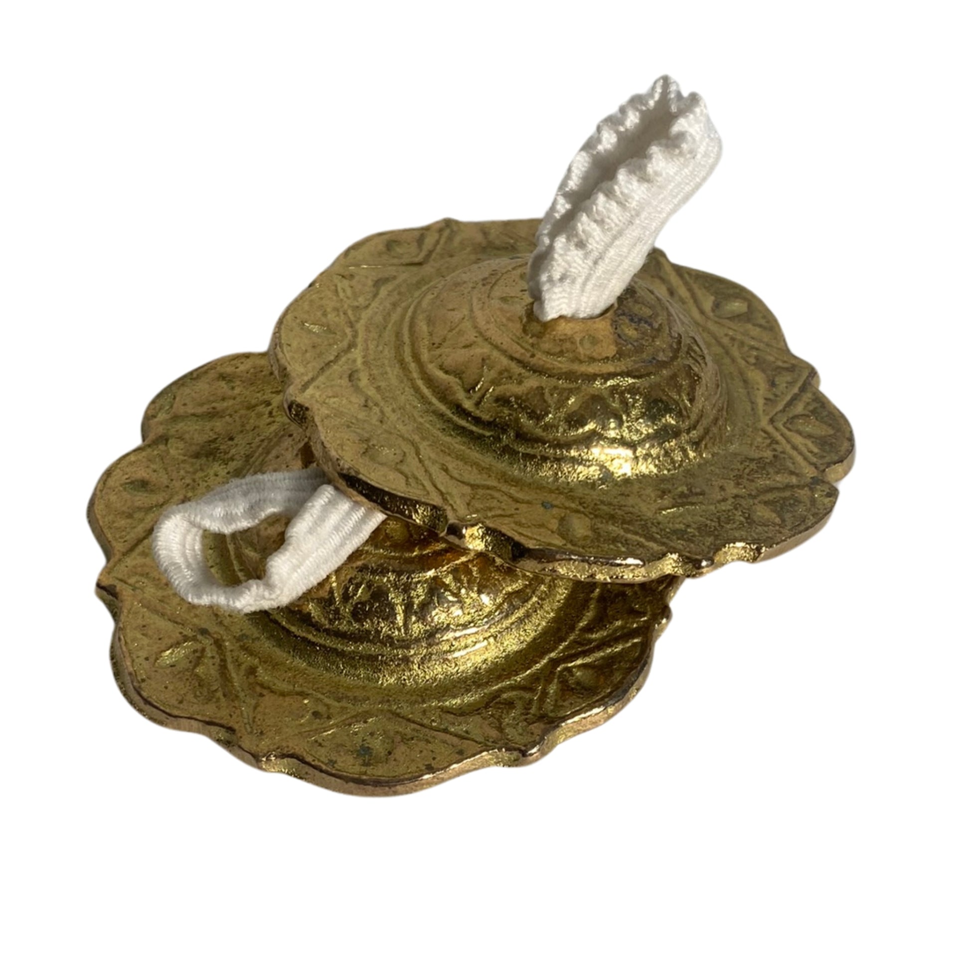 Pair of handcrafted brass finger cymbals with fabric loops for belly dance and meditation