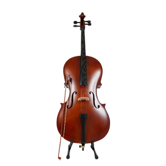 Full-size 4/4 LAMI Cello Red Brown Model CS201E with a rich red-brown finish, crafted from spruce and maple with ebony fittings, accompanied by an ebony bow and soft cover case.