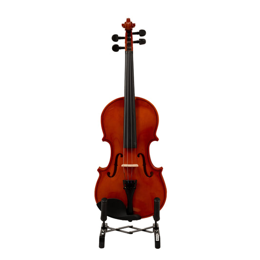 Front view of the LAMI 4/4 Classic Amber Violin Model-4 on a stand, highlighting its elegant f-holes, smooth fingerboard, and amber finish.