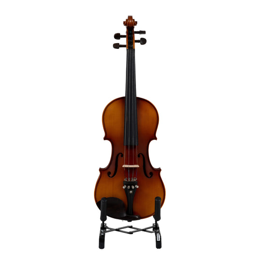 Front view of the LAMI 4/4 Golden Sunset Violin Model-7 on a stand, showcasing its golden amber finish, smooth fingerboard, and fine tuners on the tailpiece.