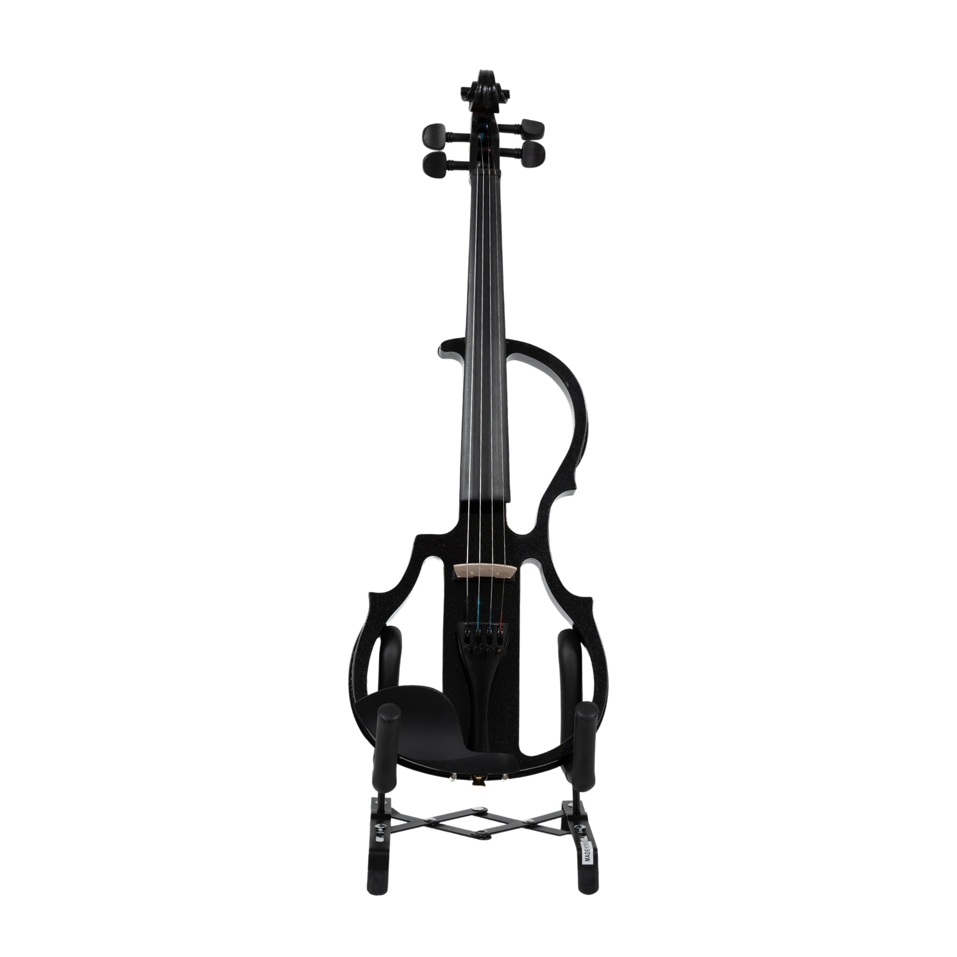 Front view of the LAMI Onyx Black Electric Violin Model-104 on a stand, showcasing the sleek black finish, ebony fingerboard, and lightweight open-body structure.