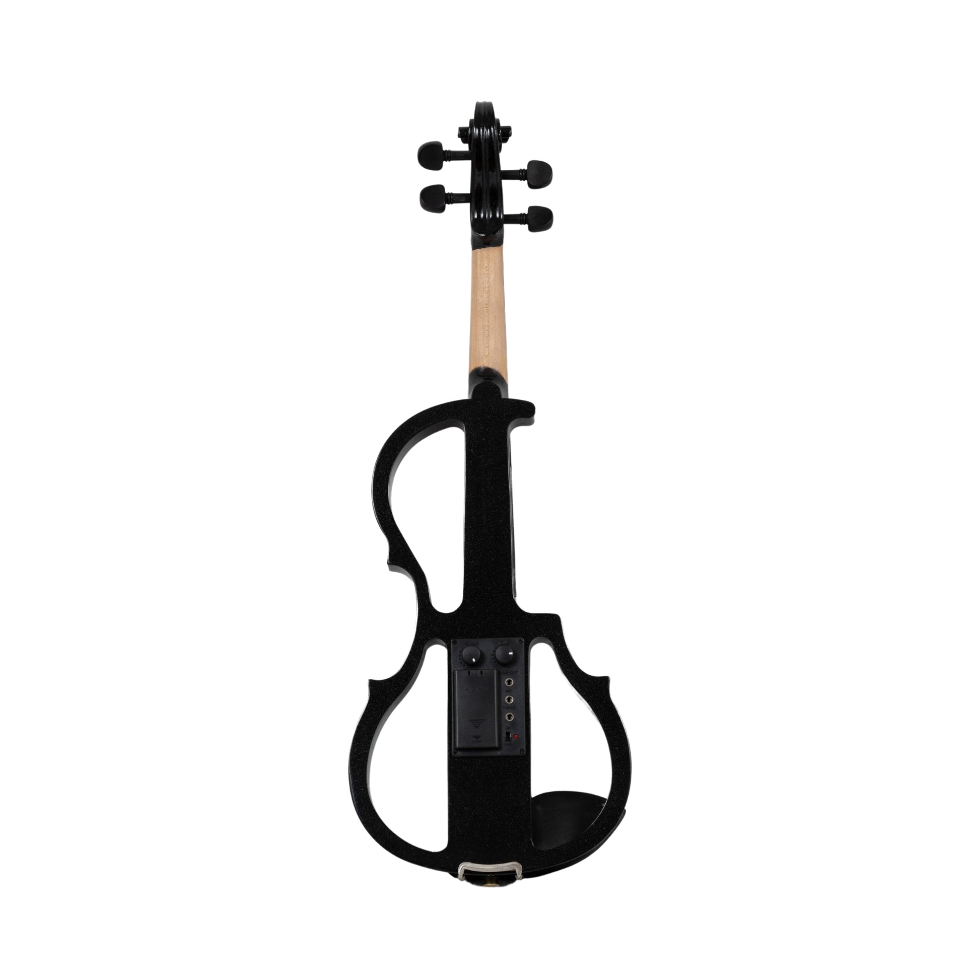 Rear view of the LAMI Onyx Black Electric Violin Model-104 with an open-body black frame and ebony fingerboard, highlighting the control panel and minimalist design.
