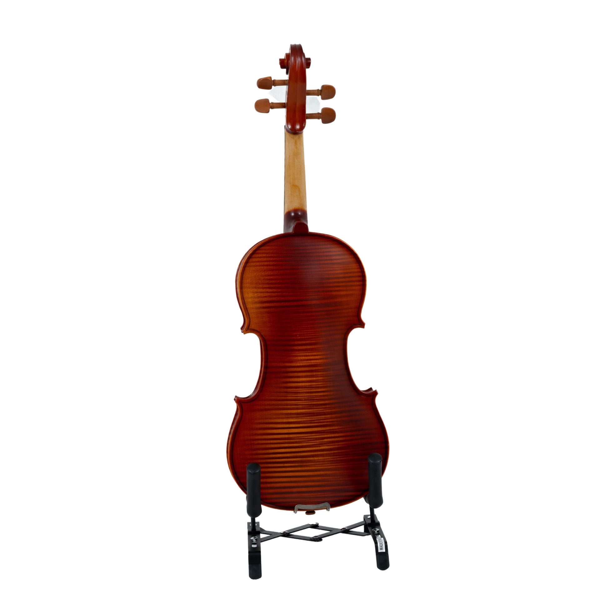 Back view of the LAMI Opus Brown Violin Model-10 showcasing flamed maple wood grain and brown finish.