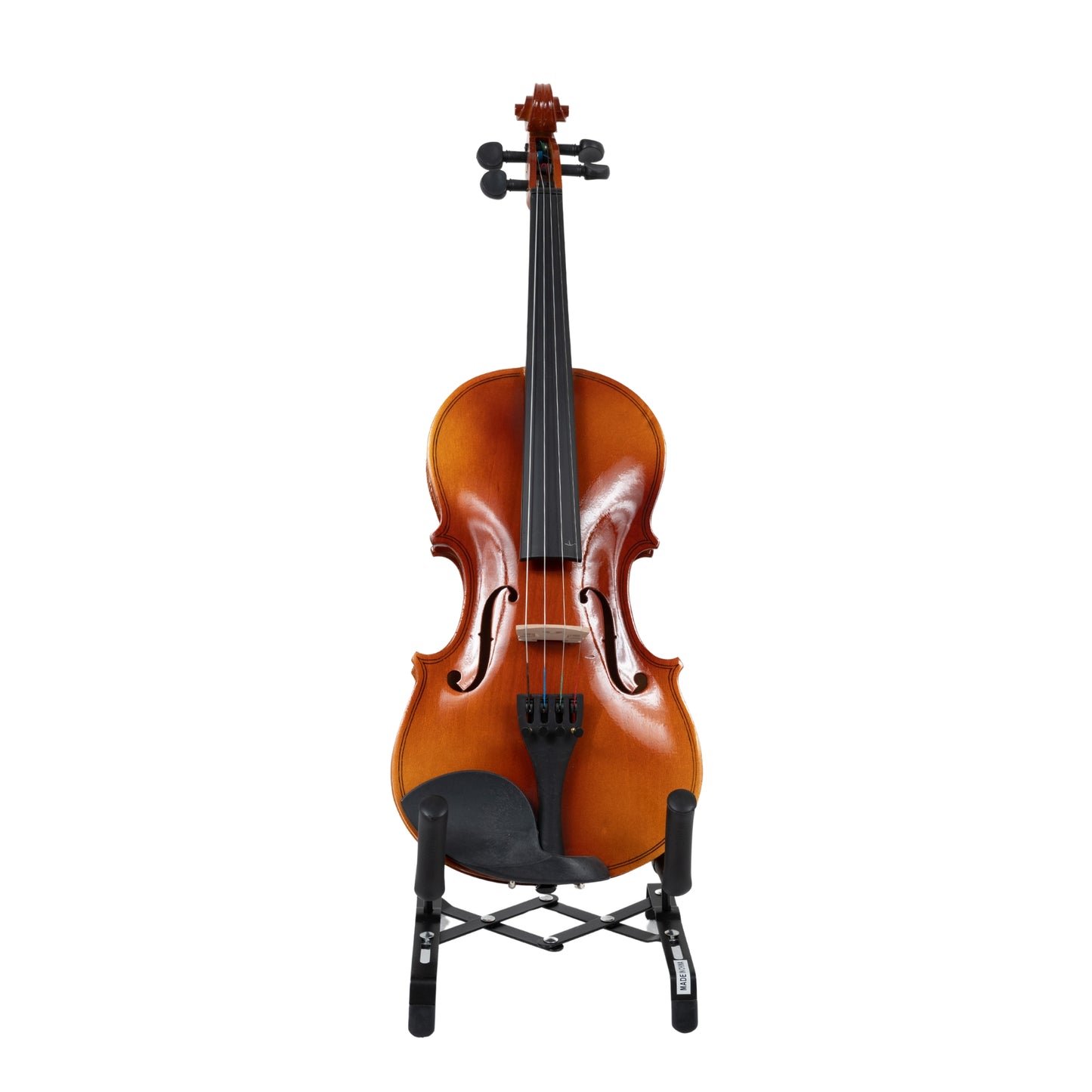 Front view of the LAMI 4/4 Prestige Brown Violin Model-1 on a stand, highlighting the smooth fingerboard, refined f-holes, and aluminum alloy tailpiece.