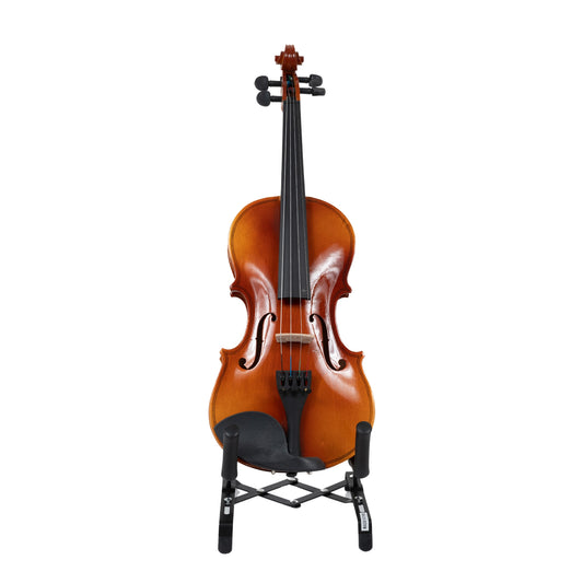 Front view of the LAMI 4/4 Prestige Brown Violin Model-1 on a stand, highlighting the smooth fingerboard, refined f-holes, and aluminum alloy tailpiece.