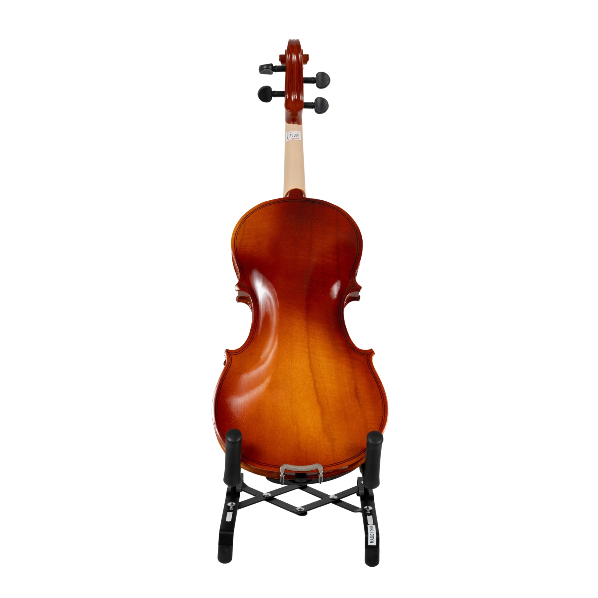 Back view of the LAMI 4/4 Prestige Brown Violin Model-1 on a stand, showcasing its rich, glossy brown finish and elegant craftsmanship.