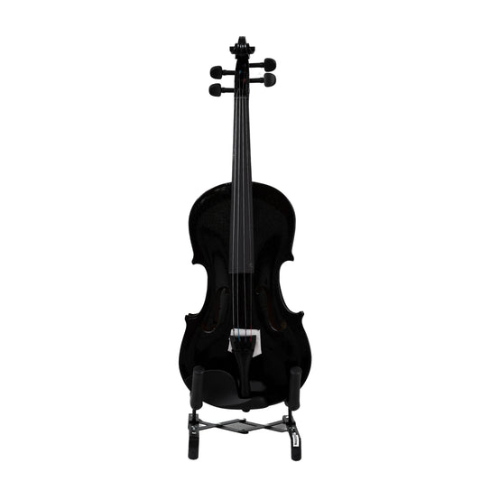 Front view of the LAMI 4/4 Black Violin VP101C1 on a stand, highlighting the sleek f-holes, fingerboard, and aluminum alloy tailpiece.