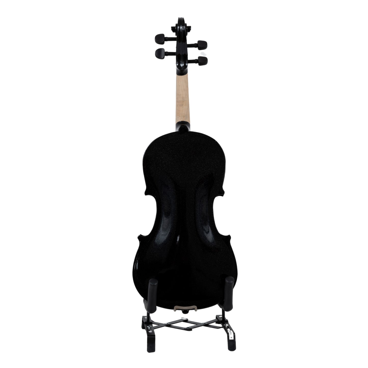 Back view of the LAMI 4/4 Black Violin VP101C1 on a stand, showcasing the glossy black finish and refined body construction.