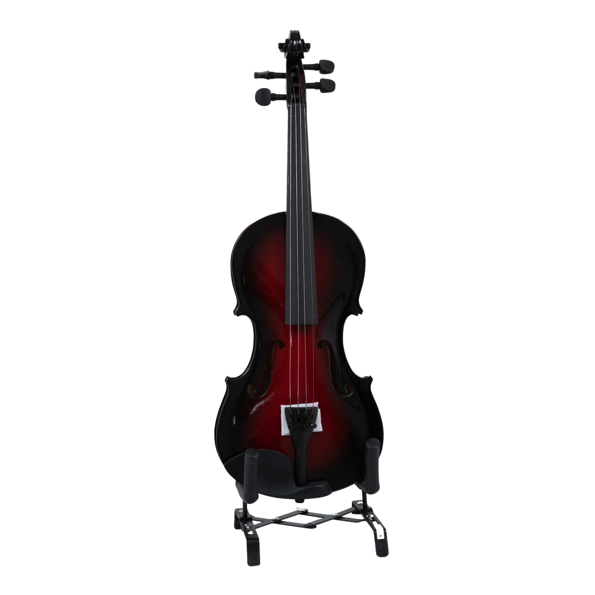 Front view of the LAMI 4/4 Burgundy Violin VP101C1 on a stand, showcasing the elegant f-holes, fingerboard, and aluminum alloy tailpiece.