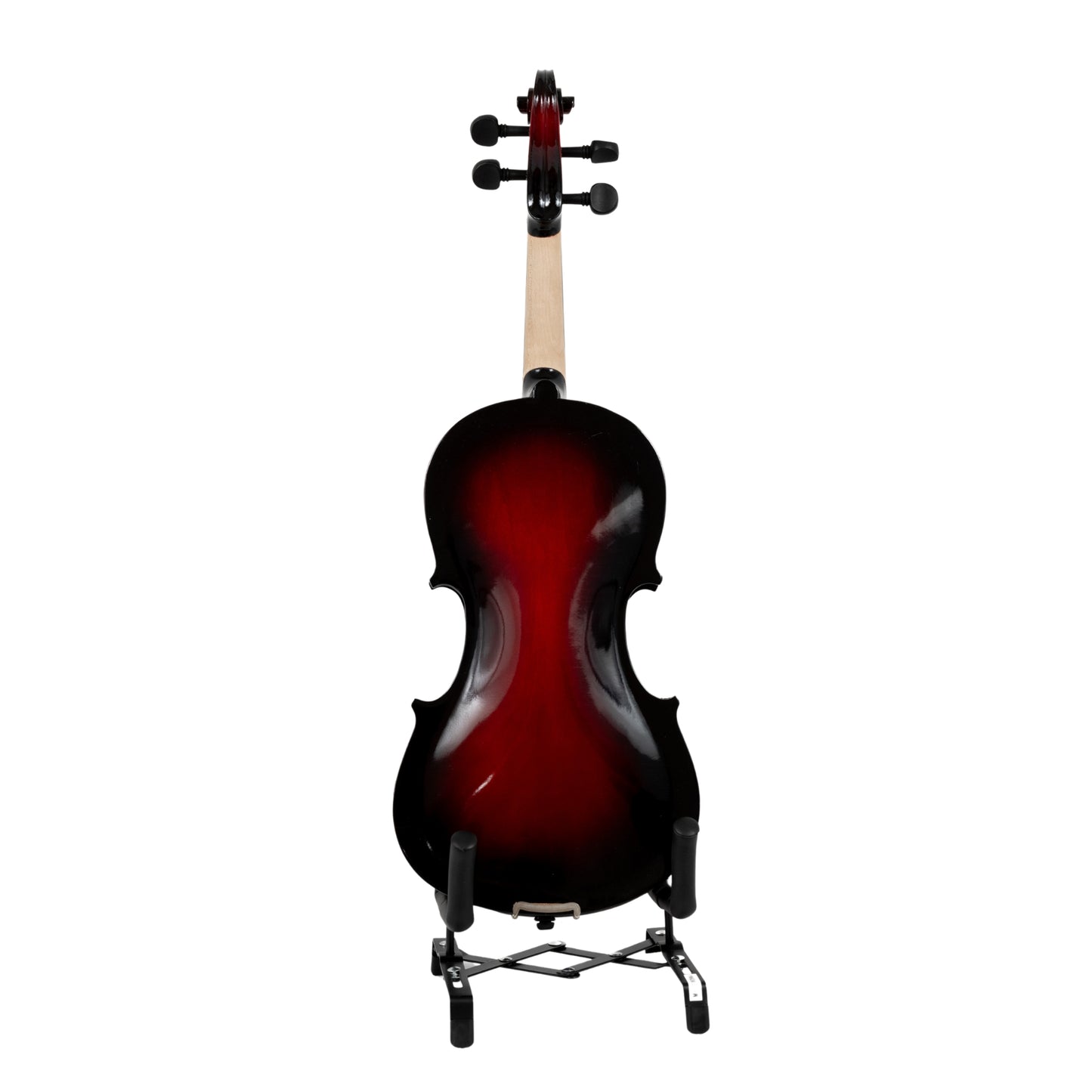 Back view of the LAMI 4/4 Burgundy Violin VP101C1 on a stand, highlighting the deep burgundy finish and smooth construction of the violin body.