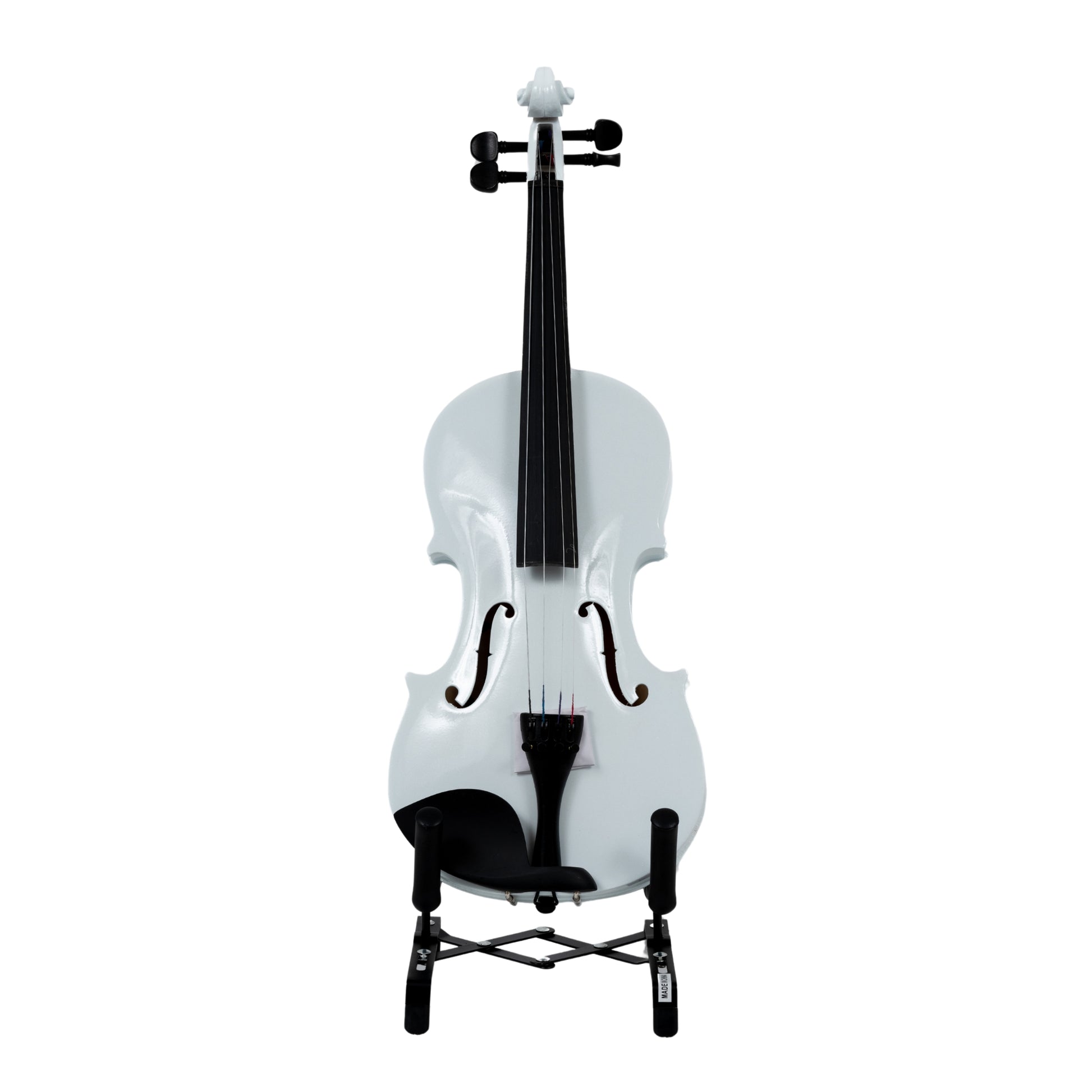 Front view of the LAMI 4/4 White Violin VP101C1 on a stand, showcasing the stylish f-holes, fingerboard, and aluminum alloy tailpiece.