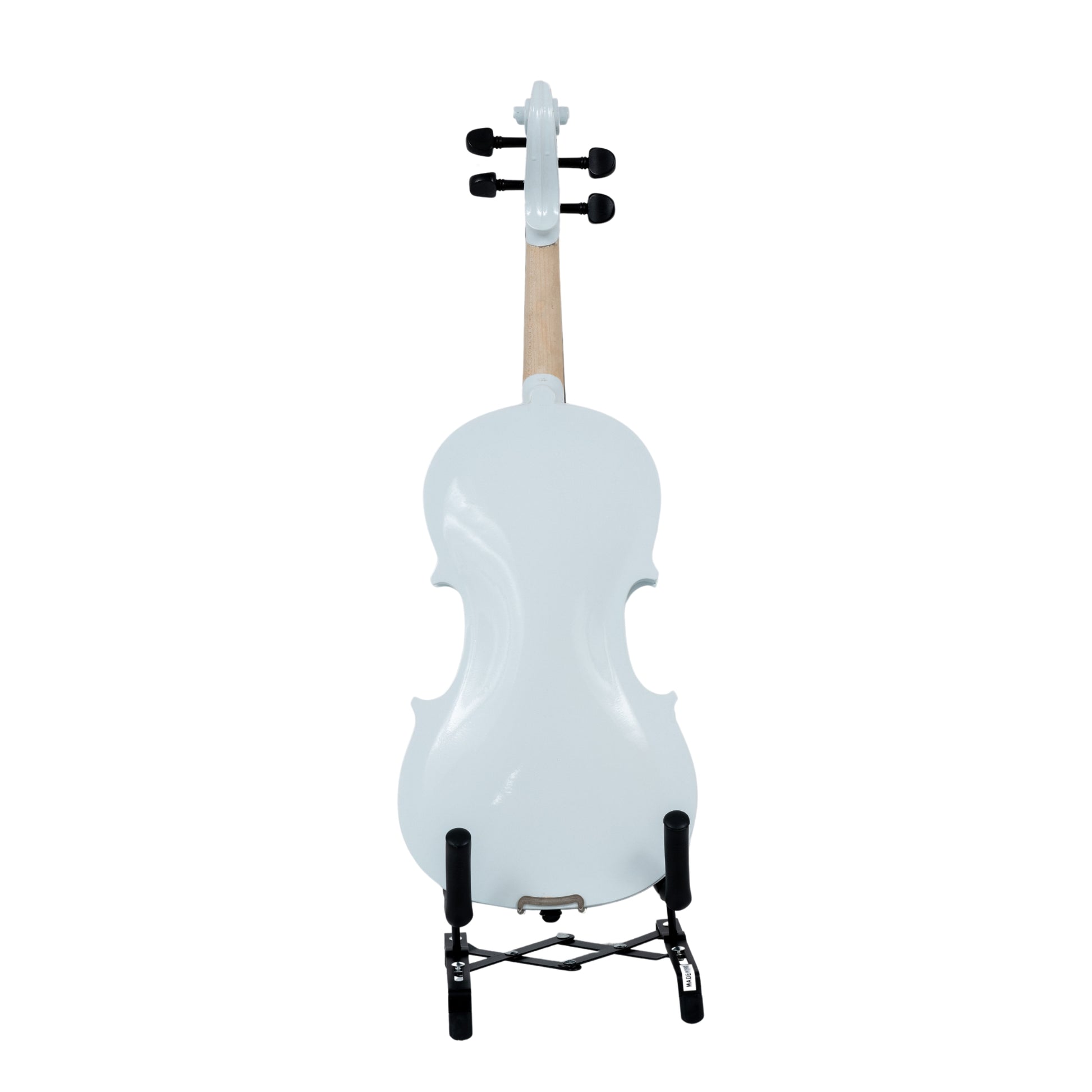 Back view of the LAMI 4/4 White Violin VP101C1 on a stand, highlighting the glossy white finish and smooth construction of the violin body.