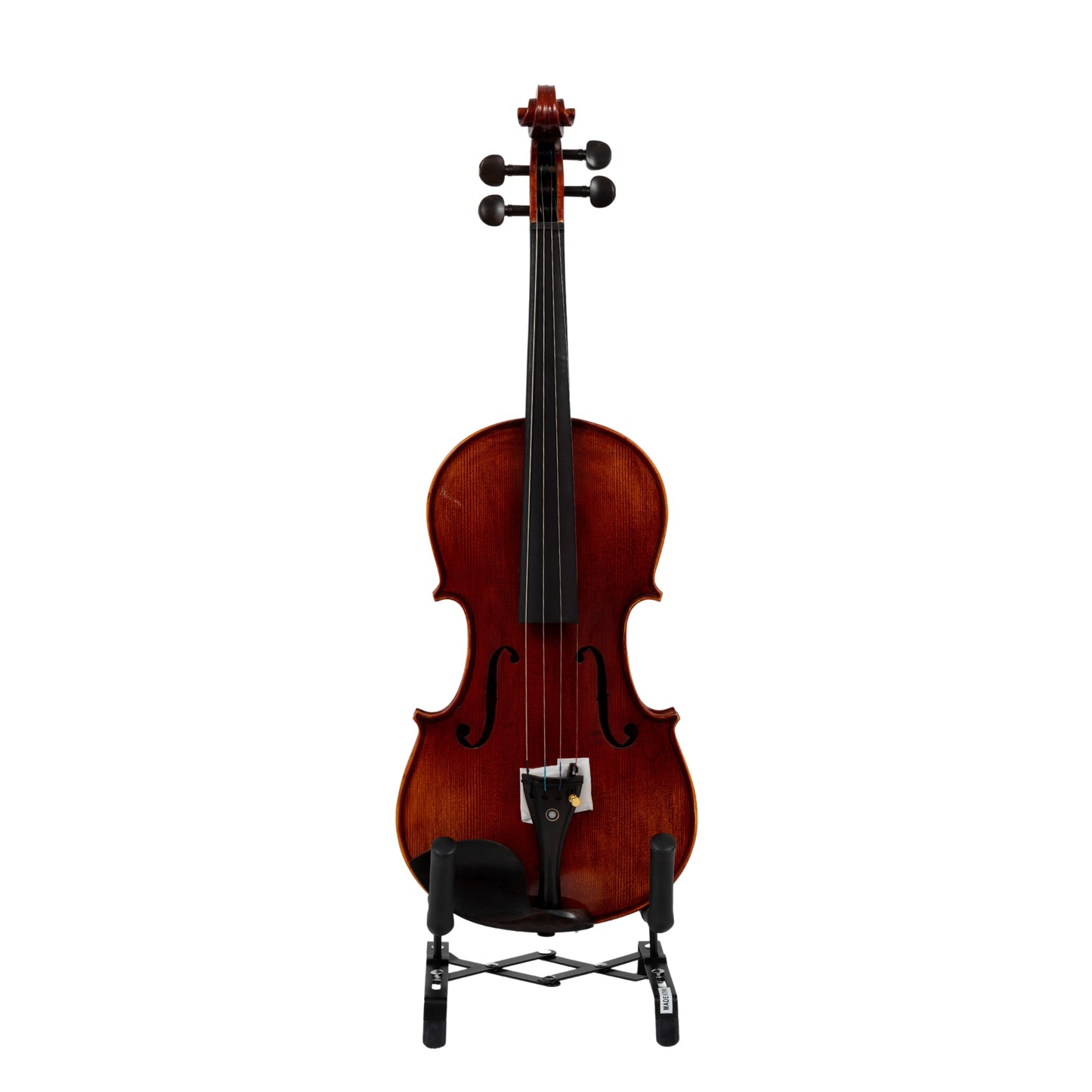 Front view of the LAMI Virtuoso Brown Violin Model-9, showcasing the ebony fingerboard and precision tailpiece with fine tuners.