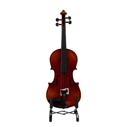 Front view of the LAMI Virtuoso Brown Violin Model-9, showcasing the ebony fingerboard and precision tailpiece with fine tuners.