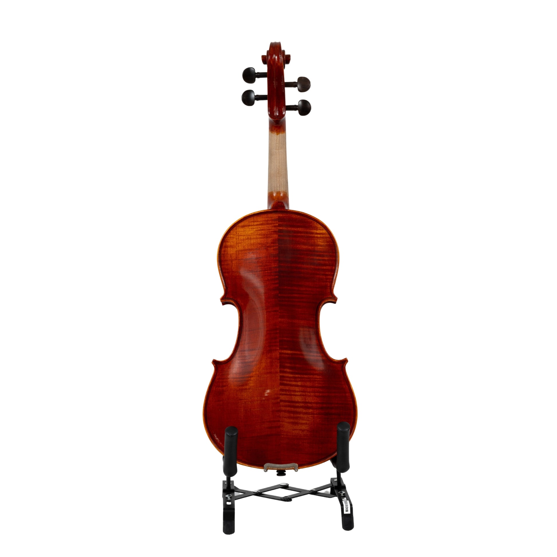 Back view of the LAMI Virtuoso Brown Violin Model-9, displaying its flamed maple wood and rich brown varnish.