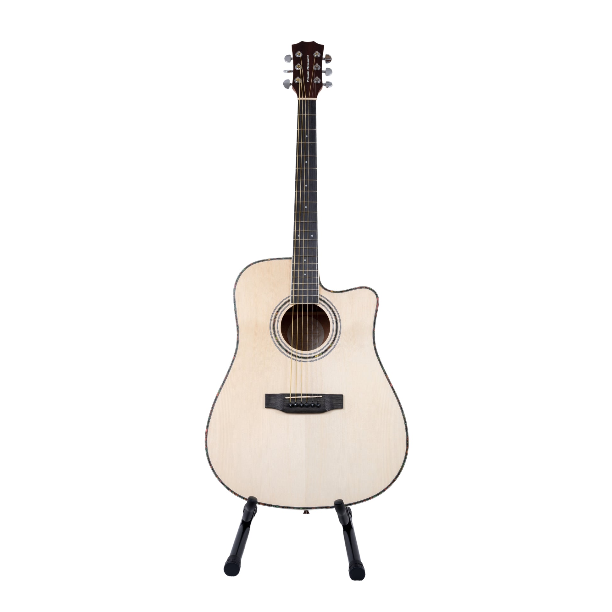 Front view of the POWER ACOUSTIK Guitar Calico Model-24 with a natural finish, showing the cutaway body design and smooth fingerboard.