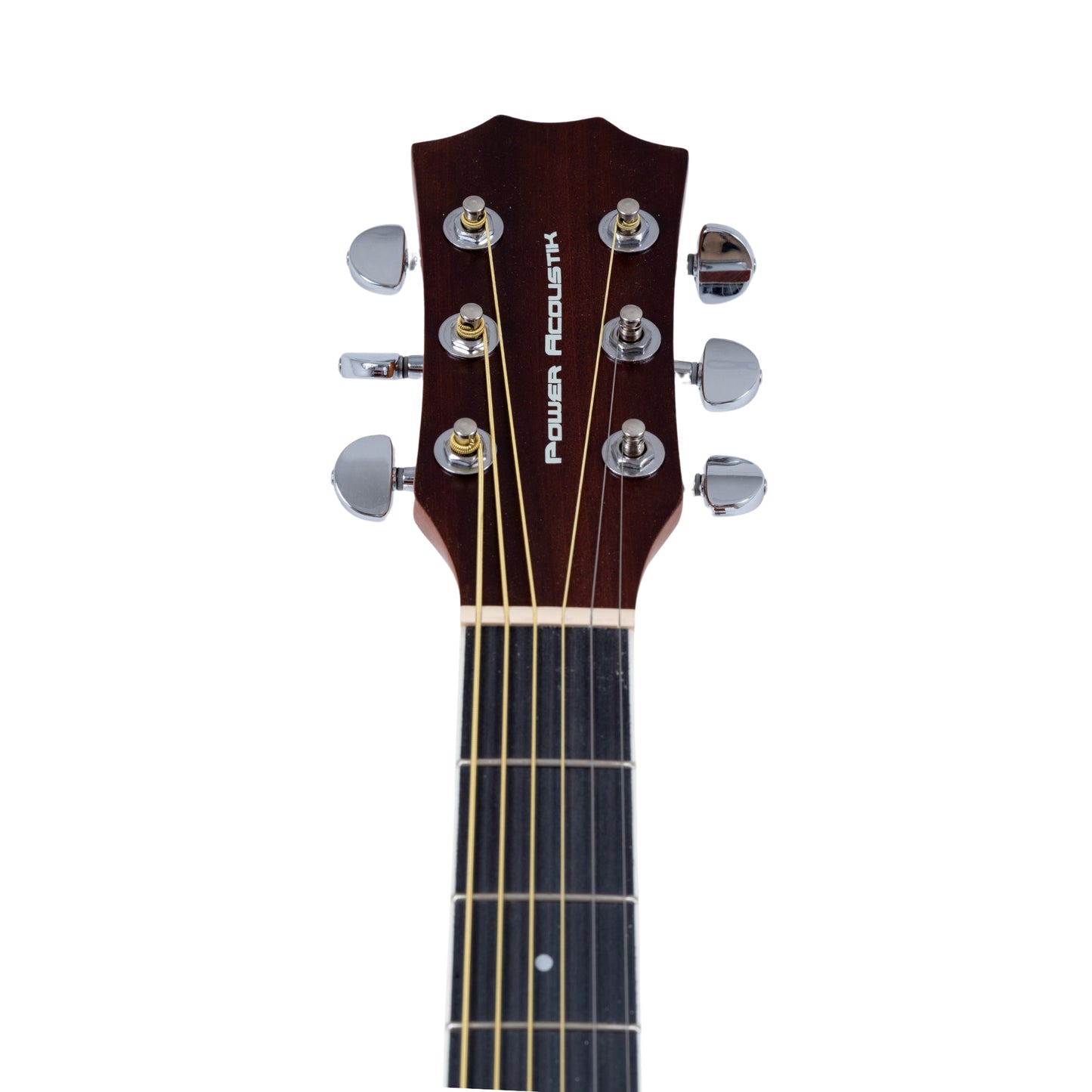 Close-up view of the POWER ACOUSTIK Guitar Calico Model-24 headstock, featuring chrome tuners and the Power Acoustik logo.