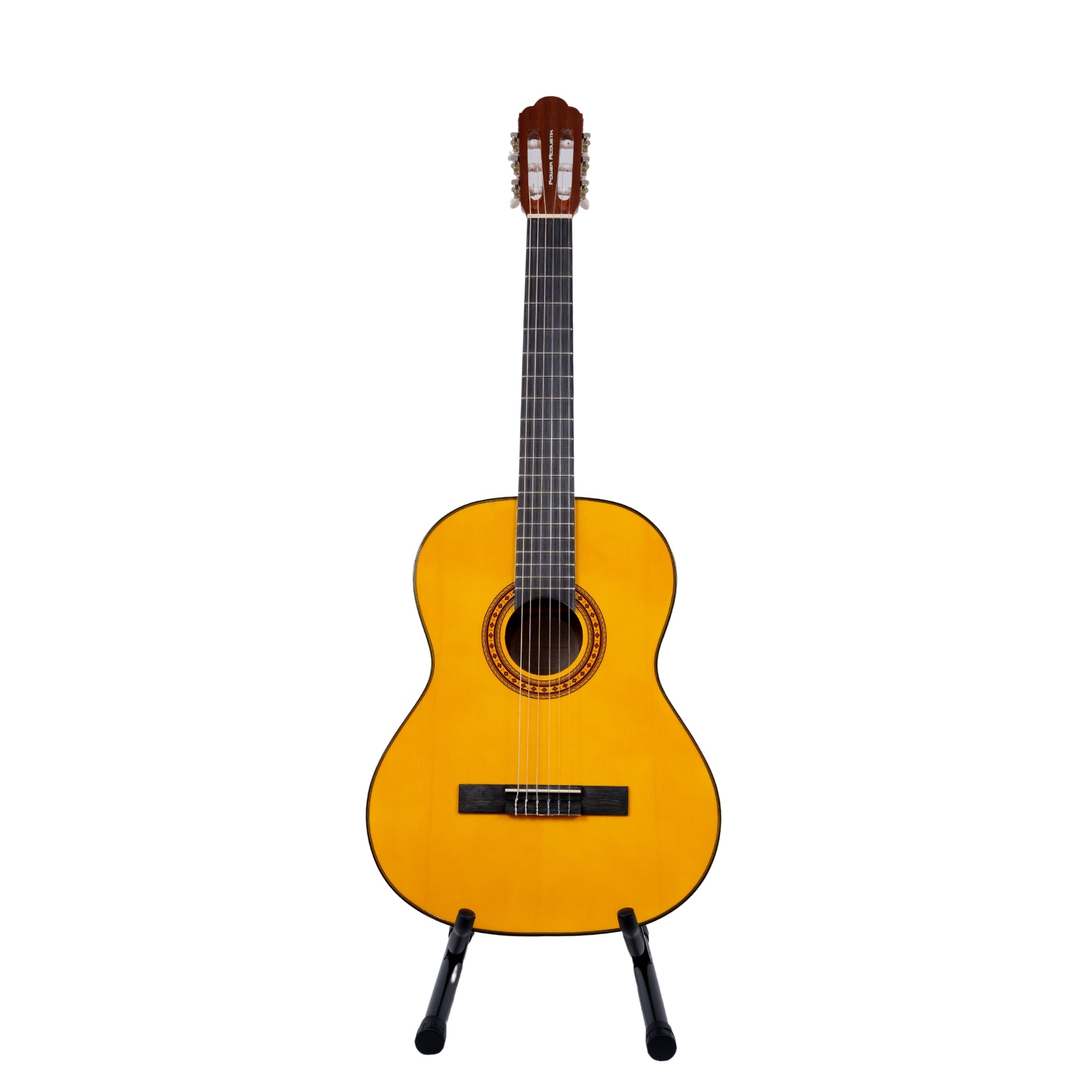 Front view of the Power Acoustik Guitar Amber Model-36 displaying the vibrant amber body with intricate soundhole rosette details and rosewood bridge