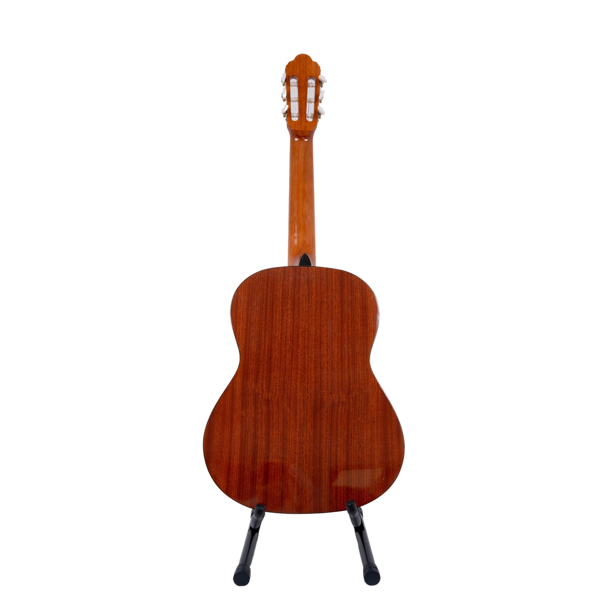 Back view of the Power Acoustik Guitar Amber Model-36 showing the rich mahogany wood and the guitar’s smooth, glossy amber finish.