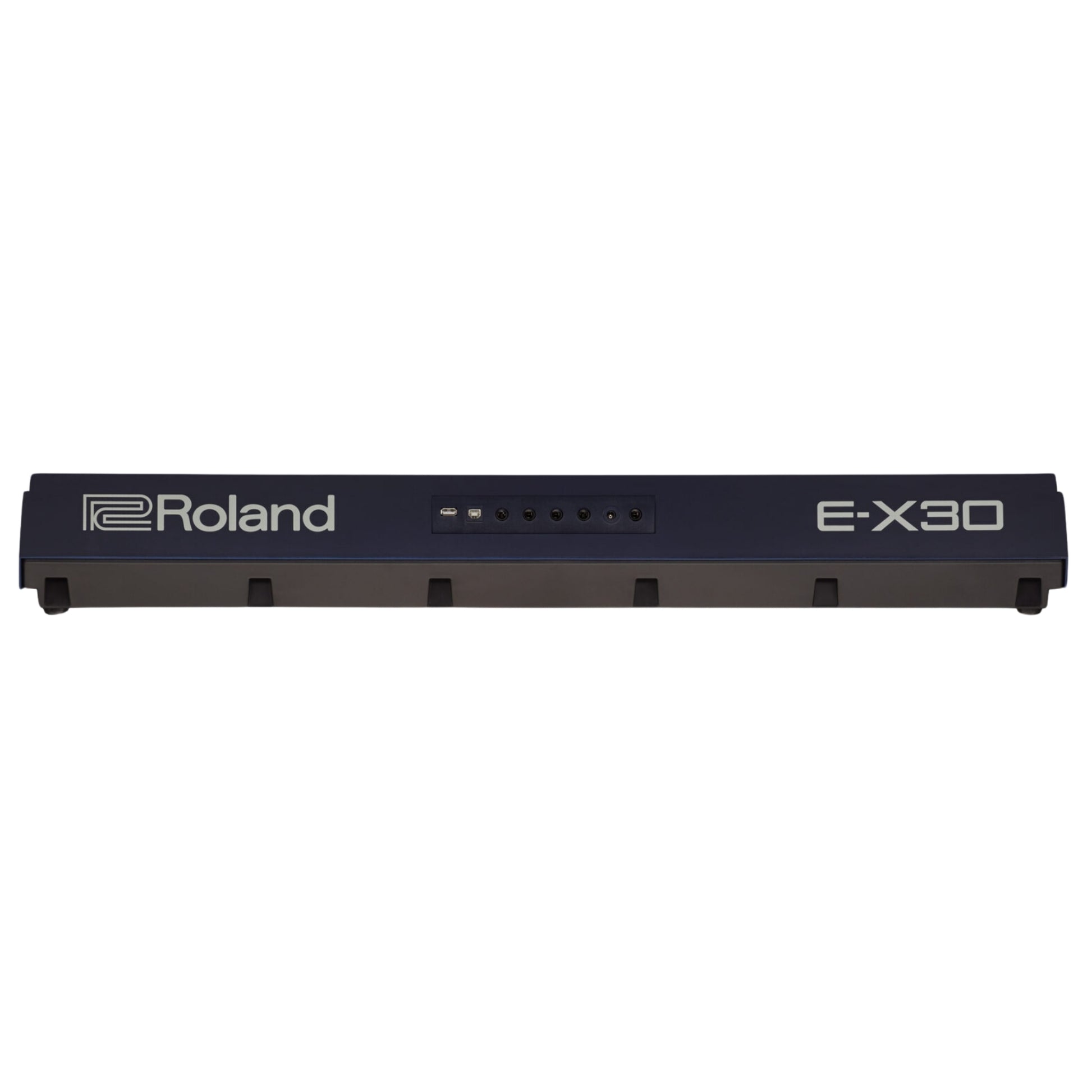 Back Panel of Roland E-X30 with Mic Input: Rear view of the Roland E-X30, featuring the convenient mic input and battery compartment.